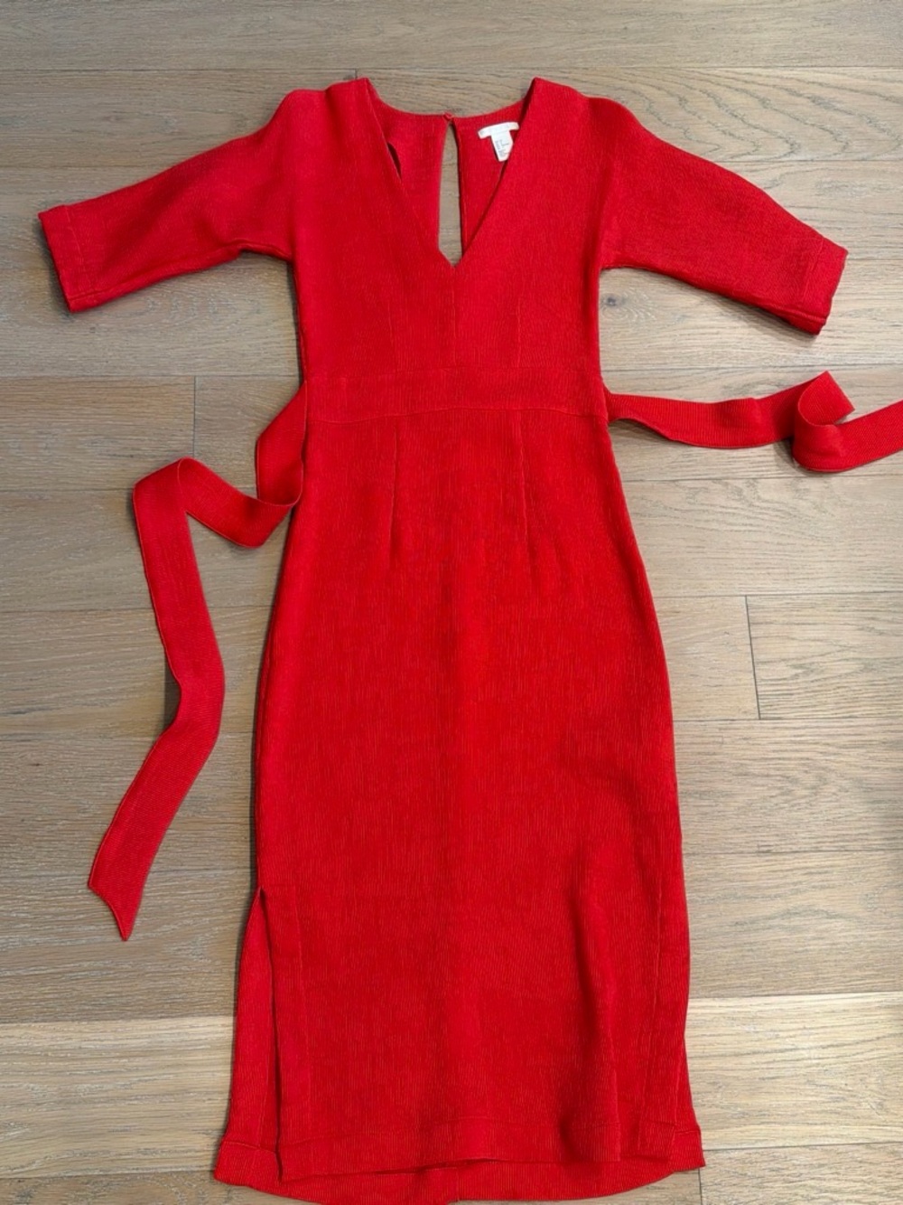 H&M Red V-Neck Tie-Waist Midi Dress